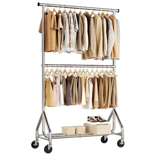 HYSEYY Heavy Duty Clothes Rack, Double Rod Rolling Garment Rack, Adjustable Freestanding Wardrobe Closet, Silver