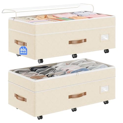 Budding Joy Under Bed Storage with Wheels 2-Pack, 80L Height-Adjustable Underbed Containers with Clear Lids