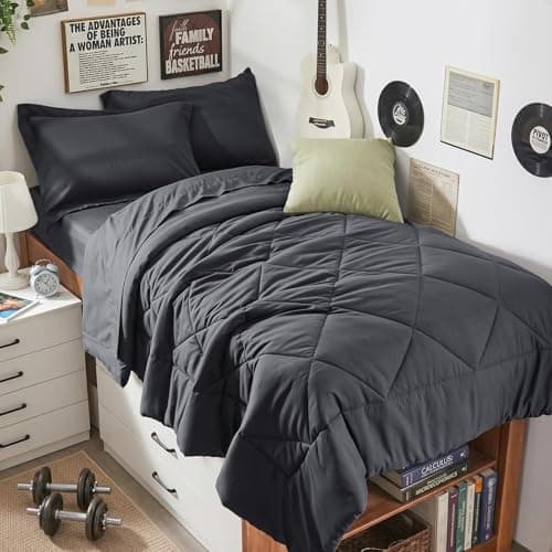HEVUMYI Twin-XL Comforter Set 5-Piece All Season Bed in a Bag with Comforter, Flat Sheet, Fitted Sheet, Pillowcase, Pillow Sham, Dark Grey