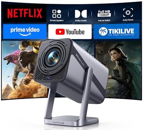 iWIMIUS Portable Smart Projector with WiFi and Bluetooth, 4K Support, Auto Focus & Keystone, 360-Degree Stand, Dolby Audio