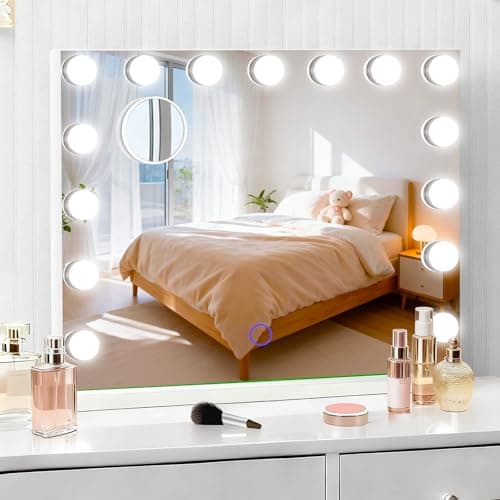 Amifiy Hollywood Vanity Mirror with Lights, 23"x18" Lighted Makeup Mirror with 15 LED Bulbs, 3 Color Lights, 10x Magnification, Desk/Wall Mounted