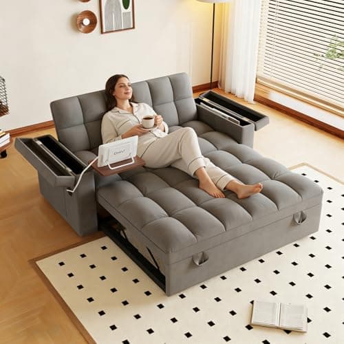KEIKI 65" Convertible Loveseat Pull-Out Sofa Bed, Velvet Sleeper with 5-Position Backrest, USB Table Board and Storage Armrests