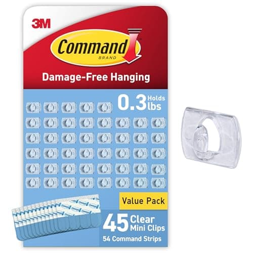 Command Clear Indoor Mini Light Clips Value Pack, 45 Clips and 54 Strips (Holds 0.3 lb) — Recommended per expert consensus