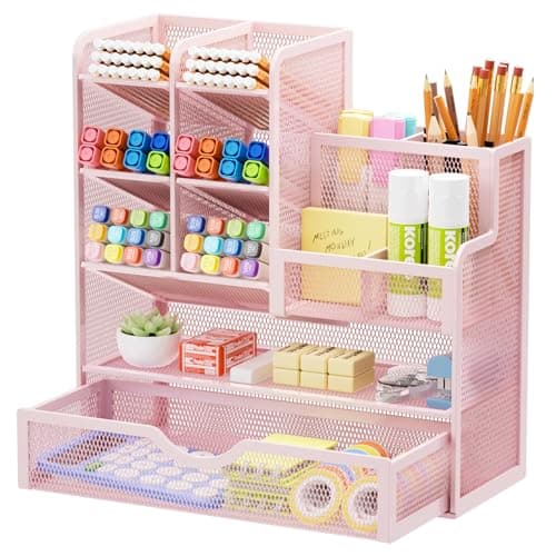 Marbrasse Mesh Desk Organizer with Drawer, 12 Compartments, Multi-Functional Pencil Organizer